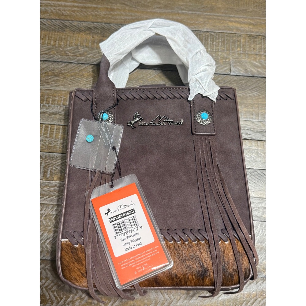 Montana West Tote Bag Womens Small Brown NWT Fringe Hair-on-Hide MW1368-8360CF - Picture 3 of 9